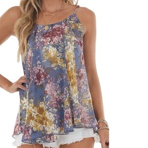 NWT Umgee Steel Blue Semi Sheer Multicolor Flowing Lightweight Tank Top